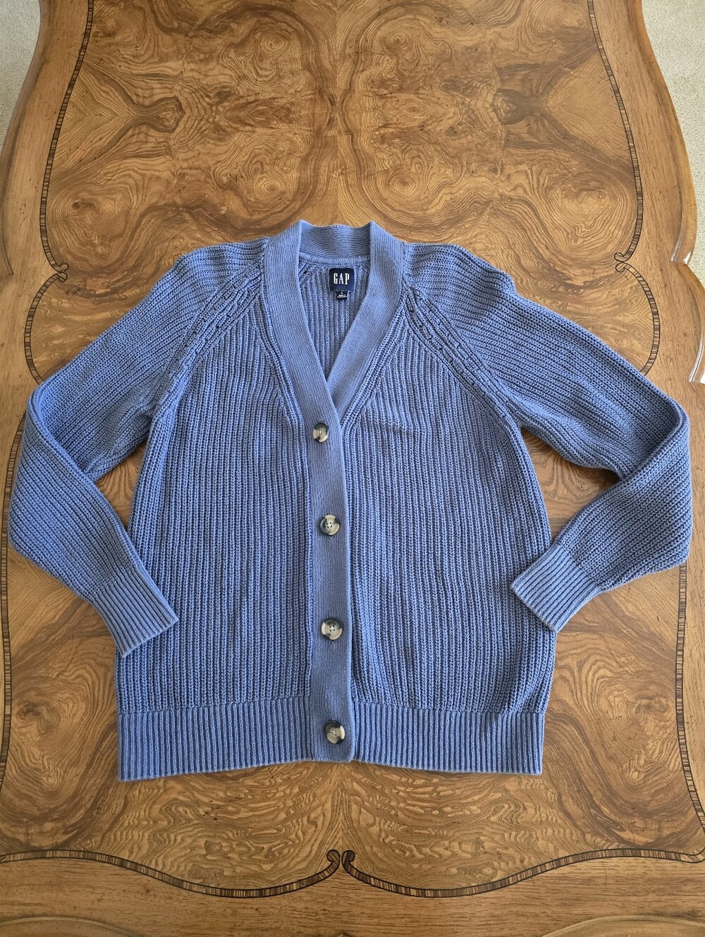 Gap Blue Cotton Ribbed Knit V-Neck Button Front Cardigan Sweater Womens Large
